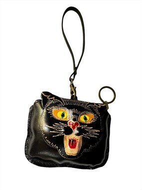 Artisan Tooled Black Leather Cat Face Coin Purse Keychain Wristlet